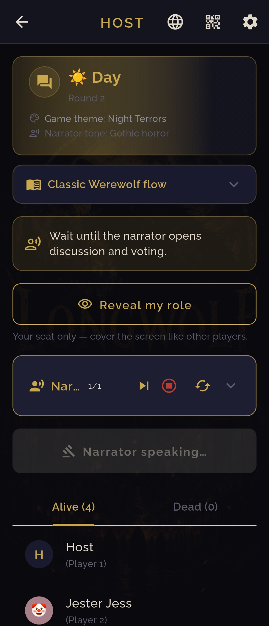 Host day phase — narrator status and reveal role