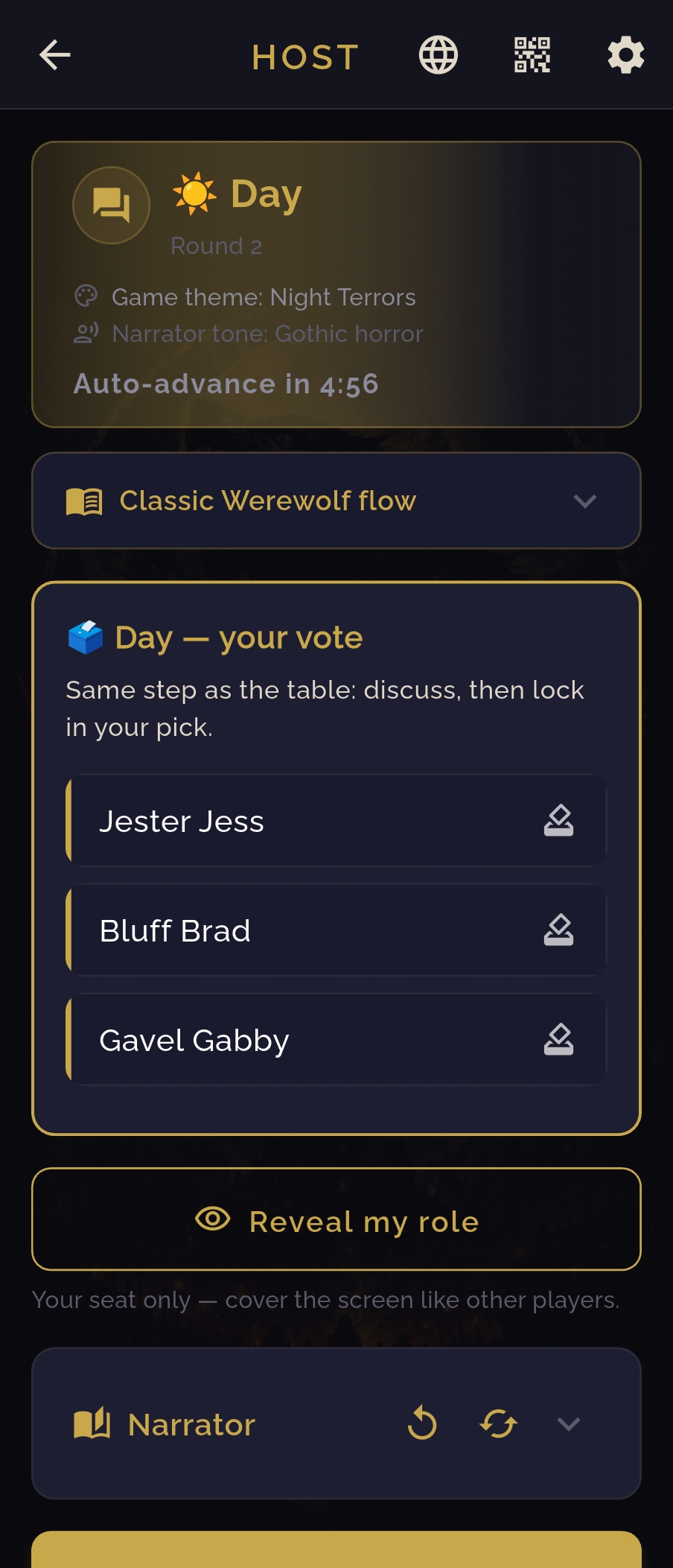 Host day voting — auto-advance timer and player picks