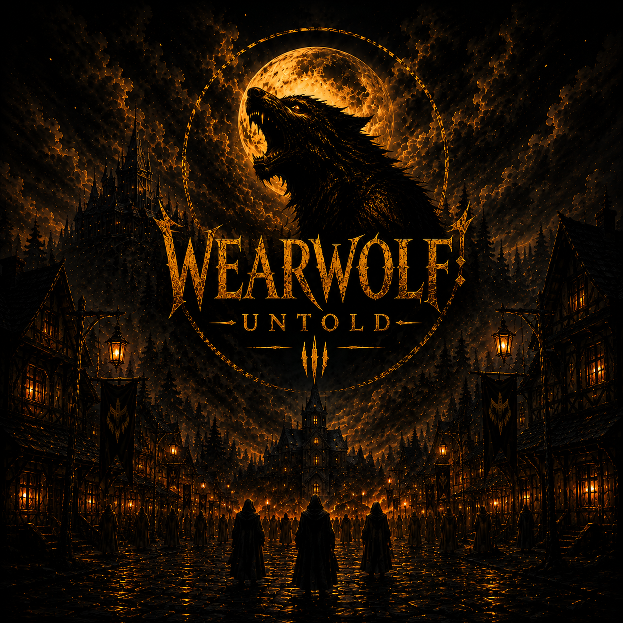 Wearwolf: Untold loading screen — moon, werewolf, and village art
